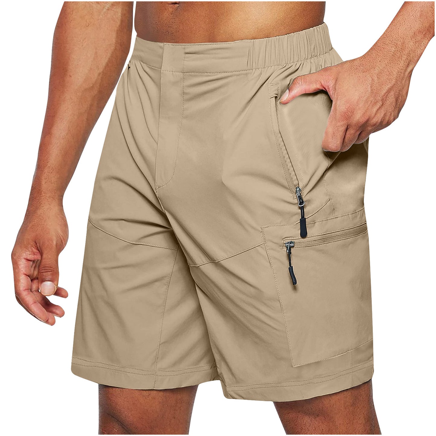 Men's beige casual shorts with elastic waist and zippered pockets, knee-length summer outdoor wear