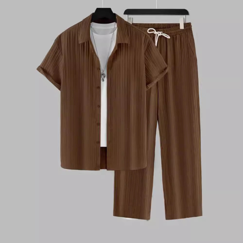 Brown men's casual two-piece set with striped short-sleeve shirt and comfortable drawstring trousers