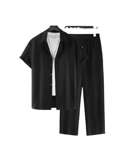 Men's casual black two-piece set with short-sleeve shirt and comfortable trousers on hanger