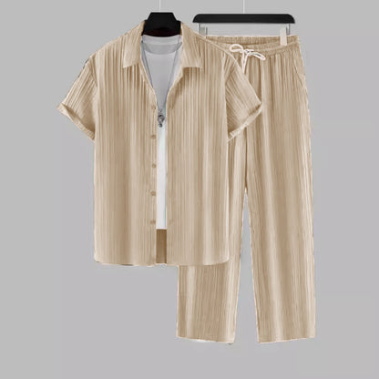 Beige men’s casual two-piece set with short-sleeve shirt and drawstring trousers on hangers