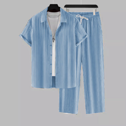 Light blue men's casual two-piece set with short-sleeve shirt and drawstring pants on hangers