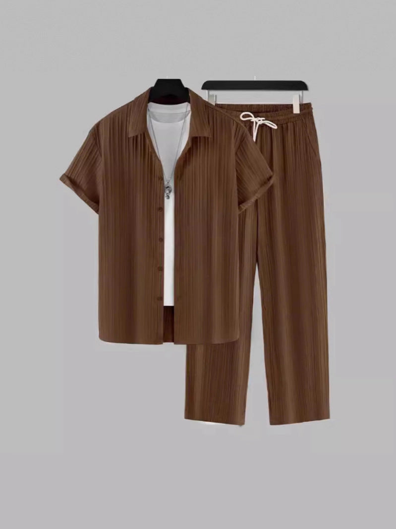 Men's brown casual two-piece set with short-sleeve shirt, white inner tee, and drawstring trousers