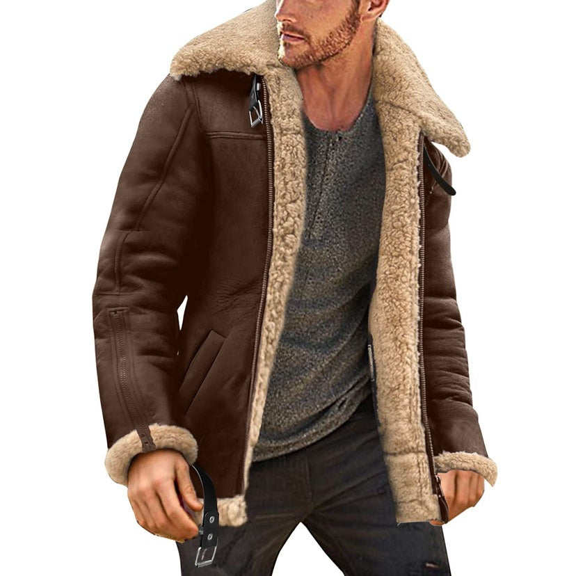 Man wearing brown faux leather winter jacket with thick beige shearling lining and zipper closure