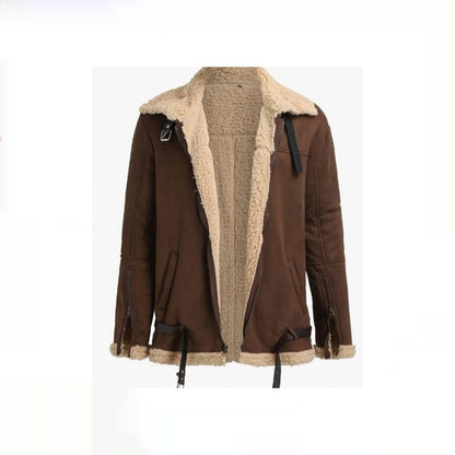 Brown men's shearling jacket with beige fleece lining and buckle details