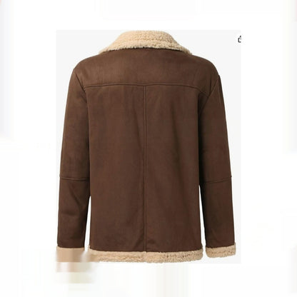Men's brown faux leather winter jacket with beige shearling collar and cuffs, back view