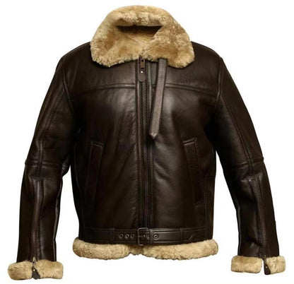 Men's black faux leather winter jacket with thick beige shearling collar and cuffs