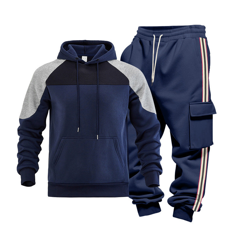 Navy blue men's hoodie with gray shoulder panels and matching sweatpants with side stripes and cargo pocket