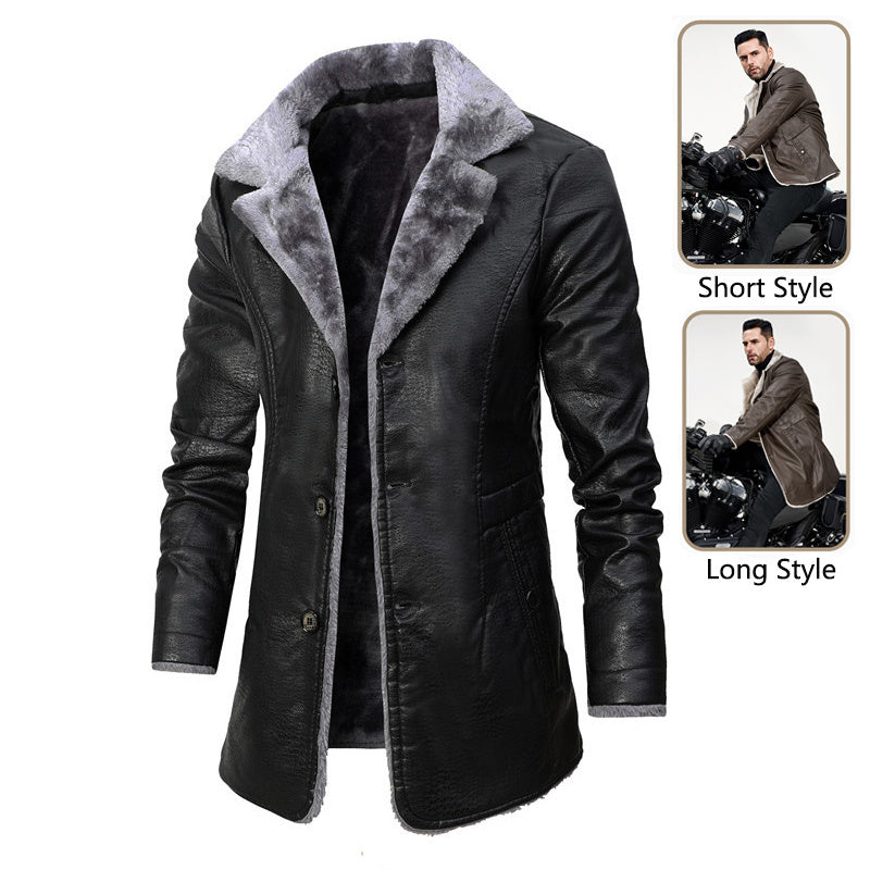 Men's black leather jacket with grey fleece plush velvet lining, button closure, two style options