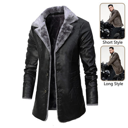 Men's black leather jacket with grey fleece plush velvet lining, button closure, two style options