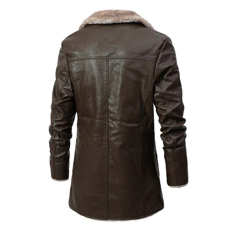 Back view of men's dark brown leather jacket with plush beige fleece collar and lining