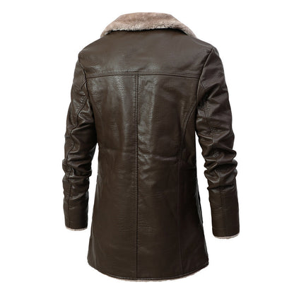 Back view of men's dark brown leather jacket with plush beige fleece collar and lining