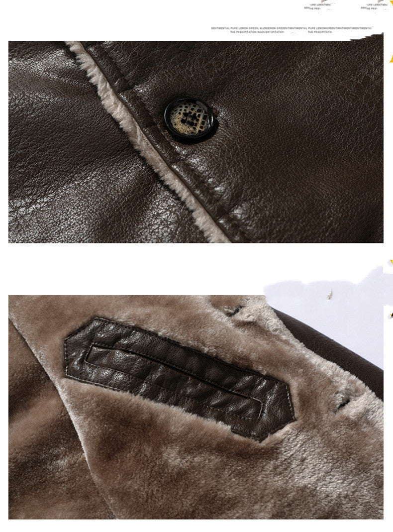 Close-up of black men's leather jacket with fleece and plush velvet brown lining, detailed button and pocket