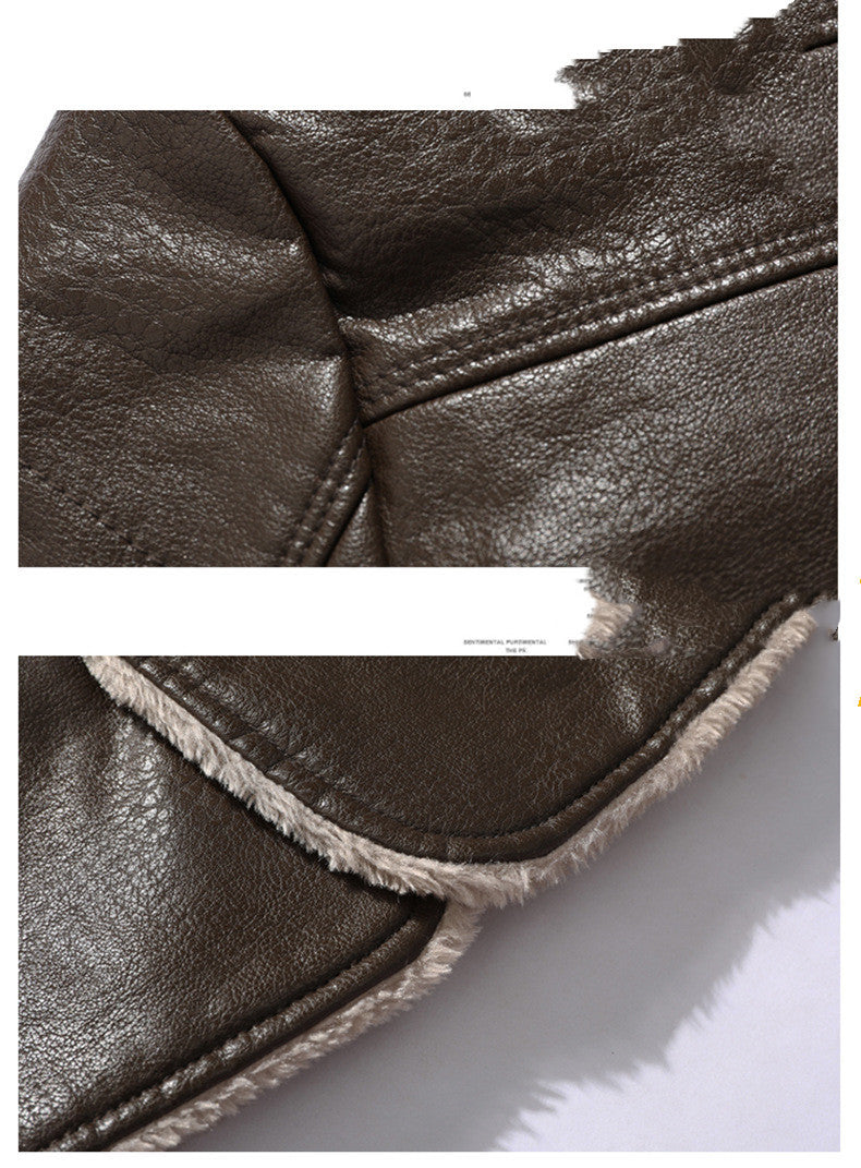 Close-up of black men's leather jacket with brown plush velvet fleece lining