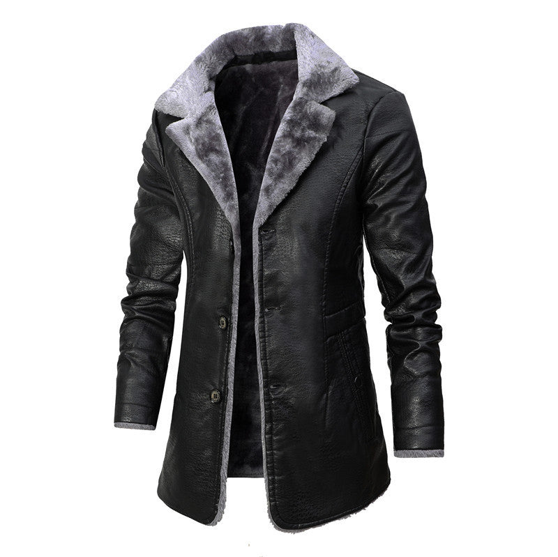 Black men's leather jacket with gray plush velvet fleece lining and button closure