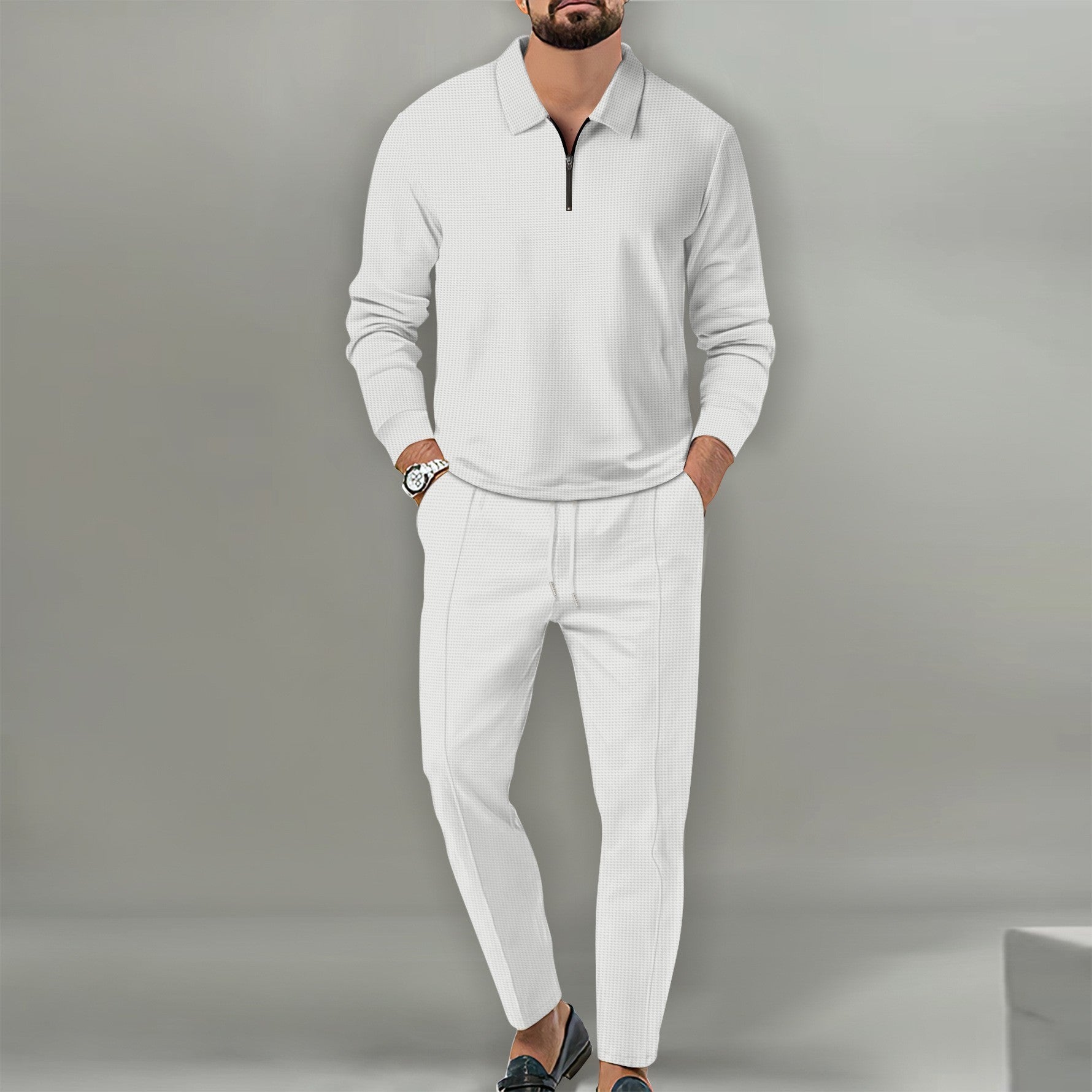 Men's white waffle knit cotton blend suit with zipper long sleeve top and slim trousers
