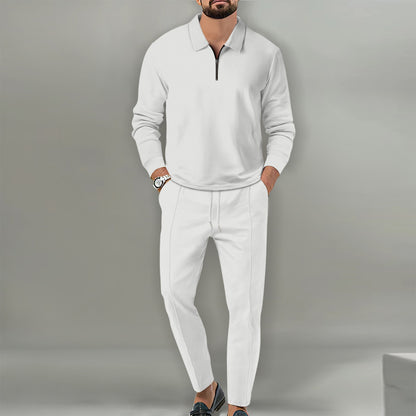 Men's white waffle knit cotton blend suit with zipper long sleeve top and slim trousers