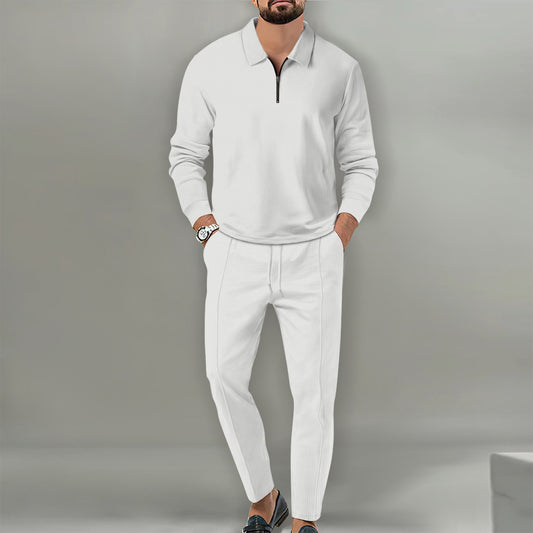 Men's white waffle knit cotton blend suit with zipper long sleeve top and slim trousers