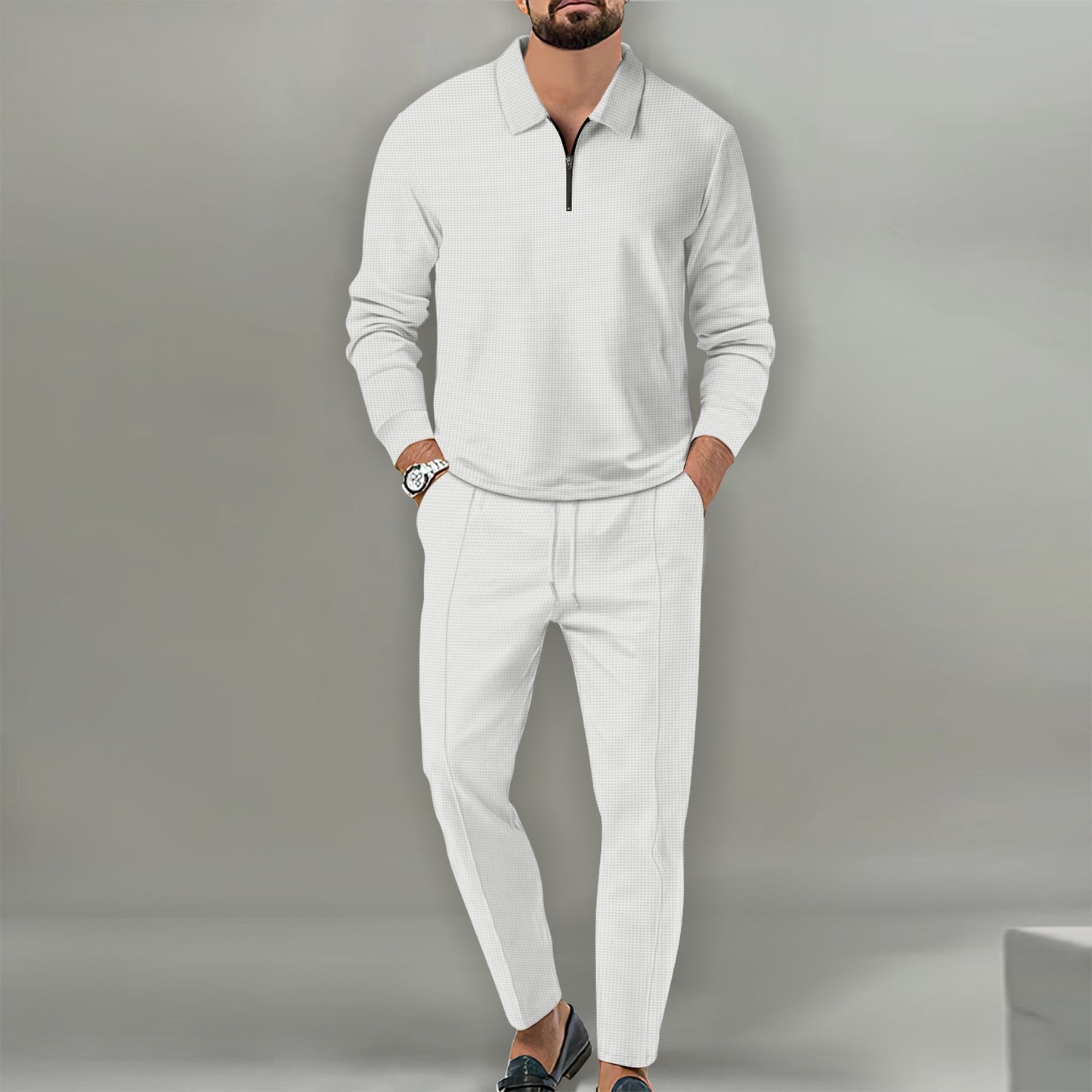 Men's white waffle knit cotton blend zippered long sleeve top and matching trousers outfit