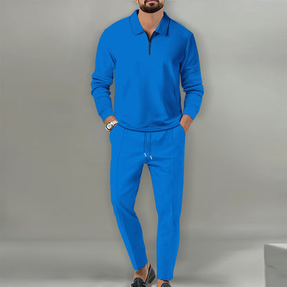 Men's blue waffle knit cotton blend long sleeve zipper polo shirt and matching trousers outfit