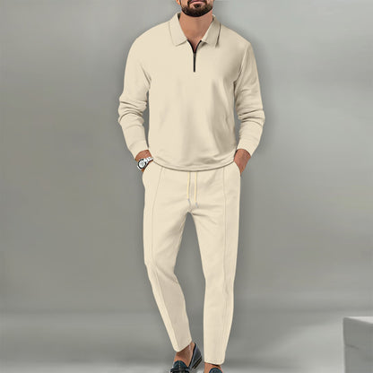 Man wearing beige waffle knit cotton blend long sleeve zippered sweater and matching trousers outfit