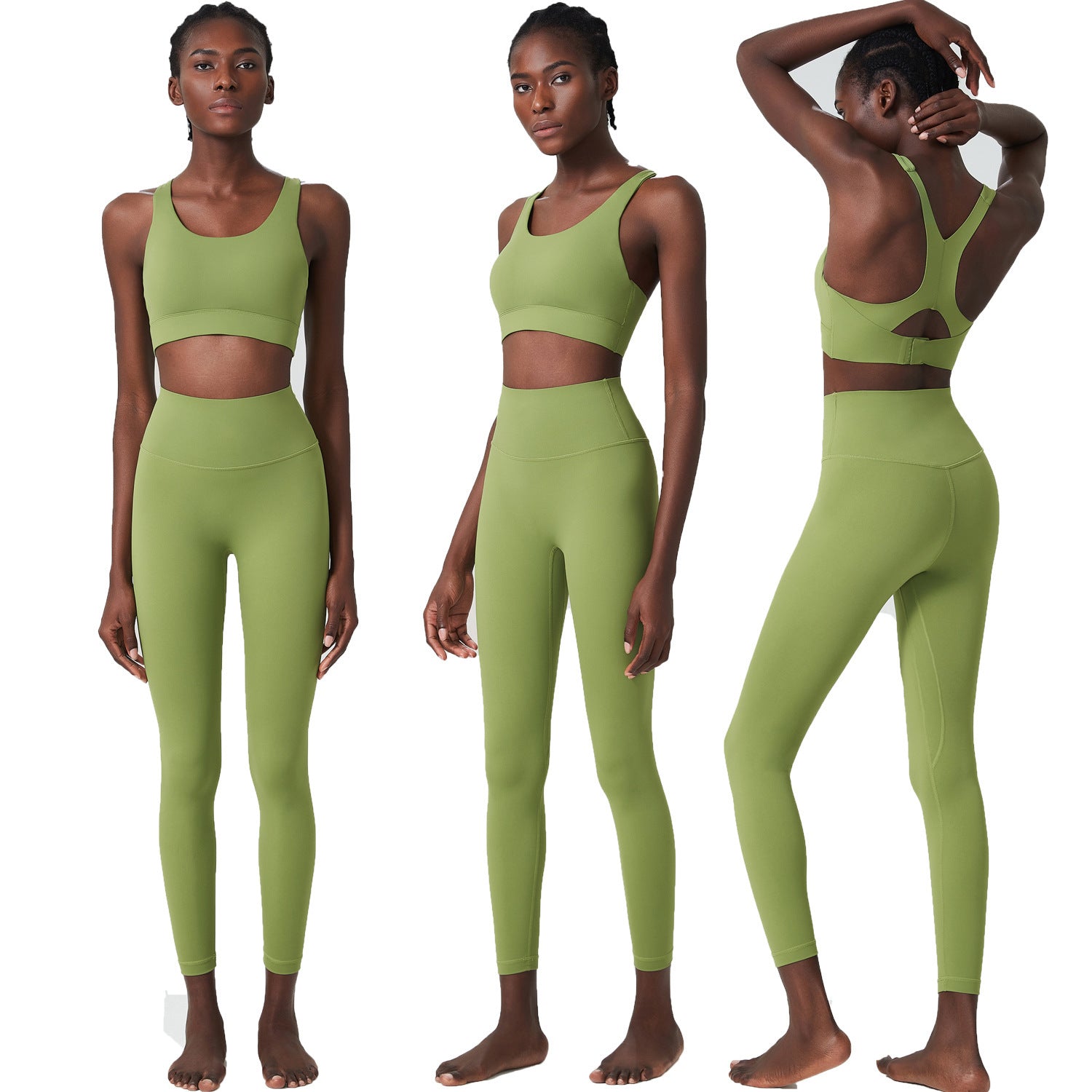 Woman modeling light green seamless yoga set with sports bra and high-waisted leggings in front, side, and back views