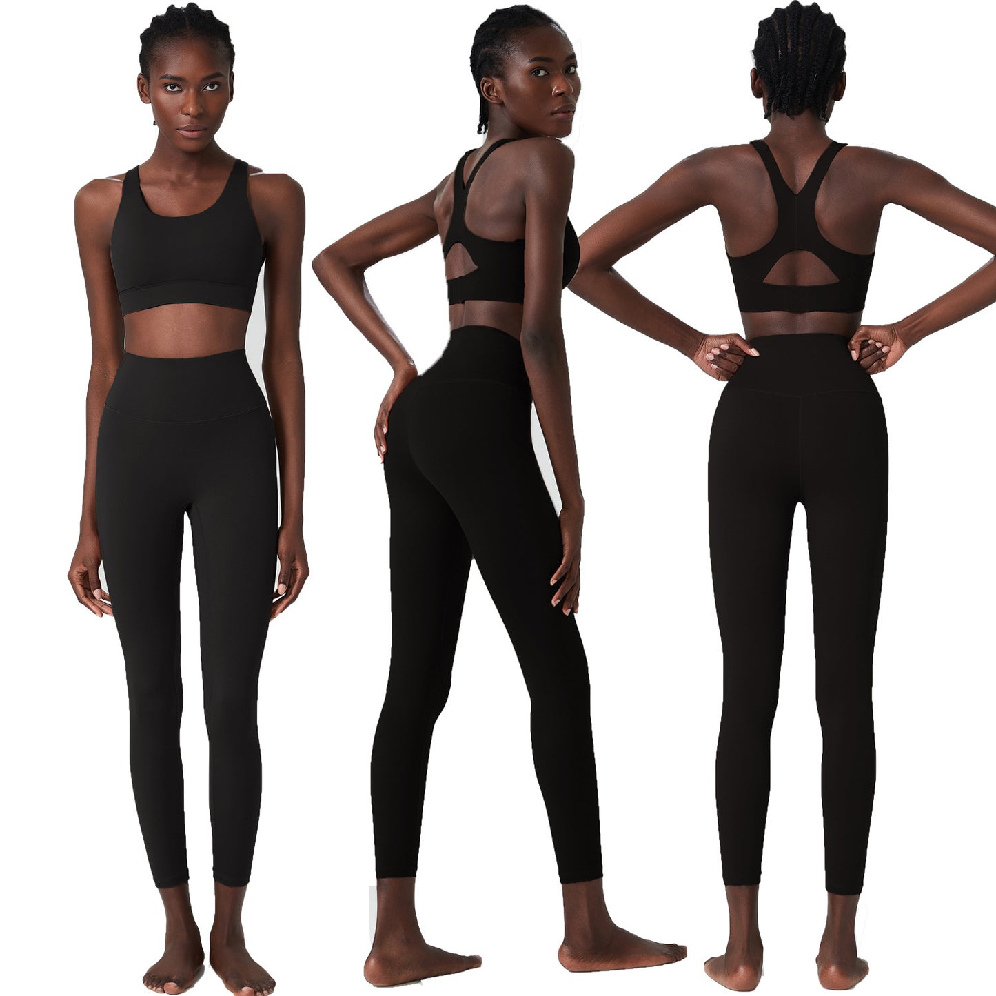 Black plus-size model showcasing quick-dry black yoga set with butterfly back sports bra in front, side, and back views