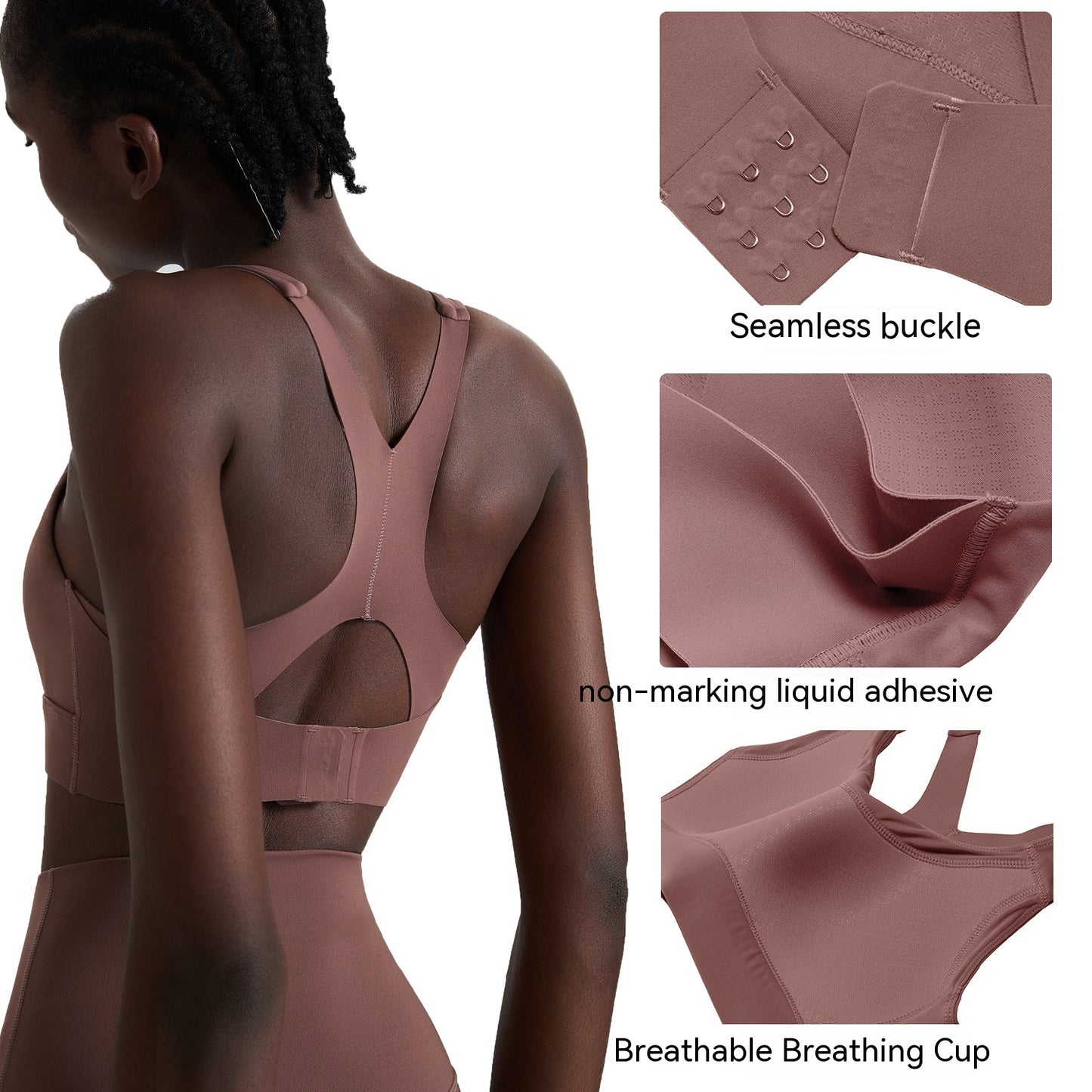 Back view of woman wearing seamless mauve sports bra with breathable cup and liquid adhesive details