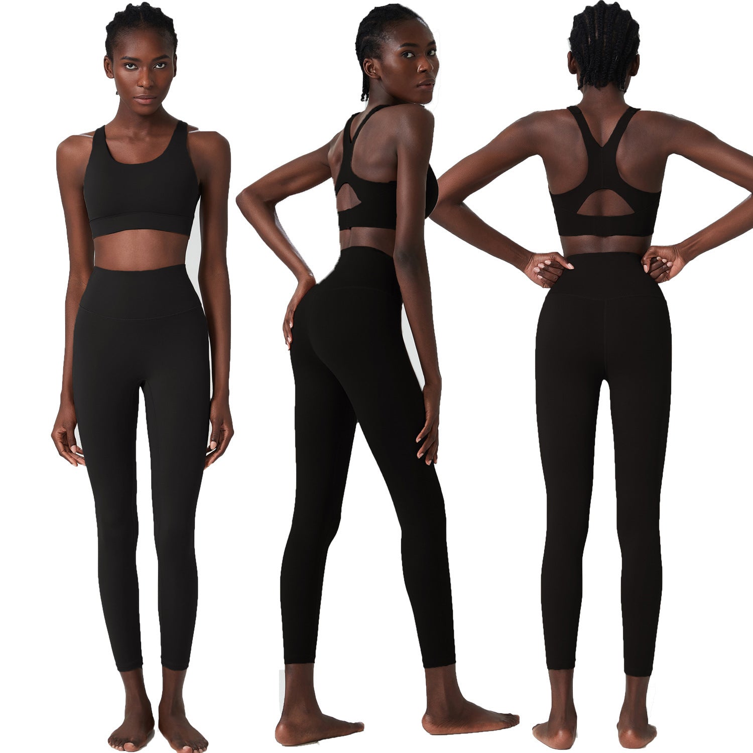 Slim Black woman in black quick-dry yoga set with butterfly back sports bra, front, side, back views