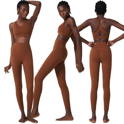 Woman modeling brown moisture-wicking yoga set with sports bra and high-waisted leggings, front side back views