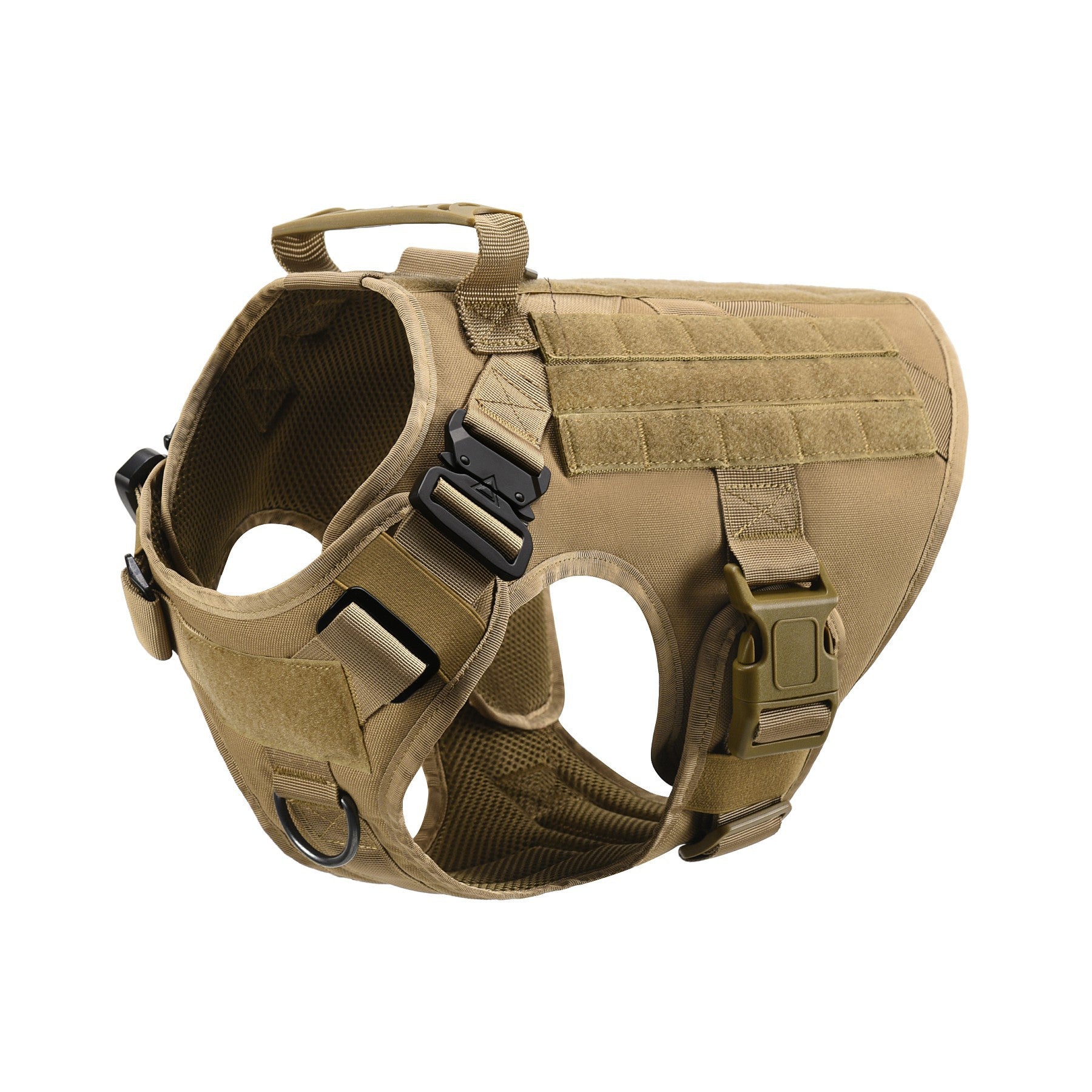 Tan tactical dog harness with durable buckles, velcro straps, and padded interior