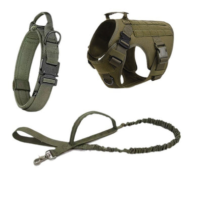 durable green tactical dog harness, adjustable collar, and leash set for hiking and outdoor activities