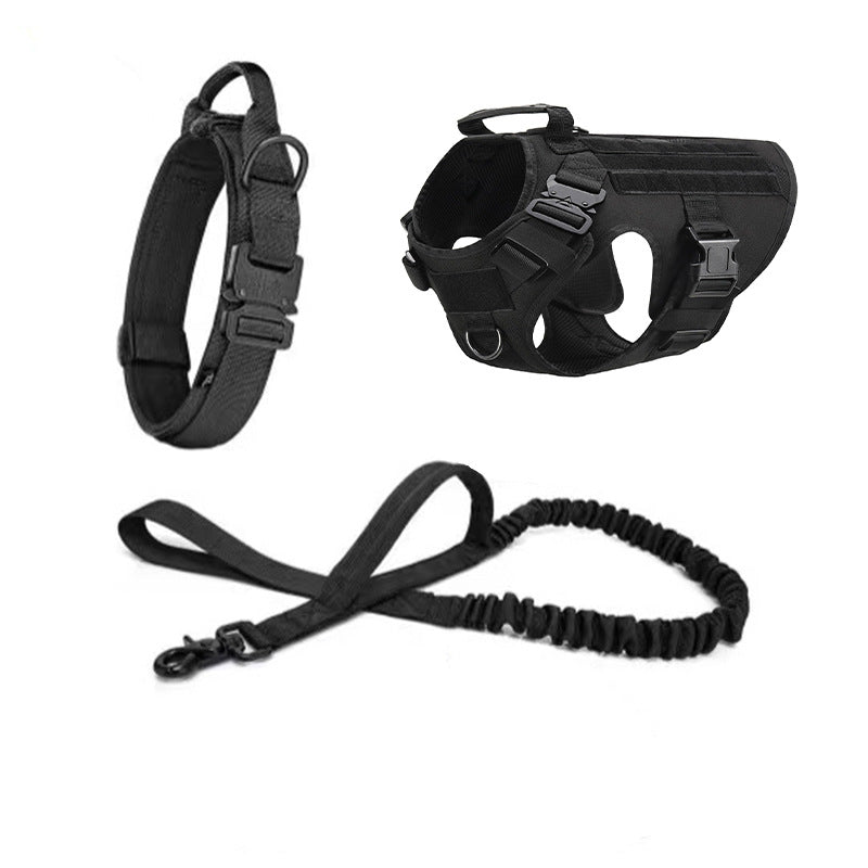 Black tactical dog collar, adjustable harness, and durable leash set on white background