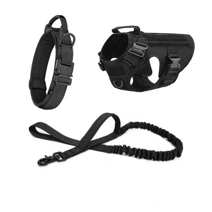 Black tactical dog collar, adjustable harness, and durable leash set on white background