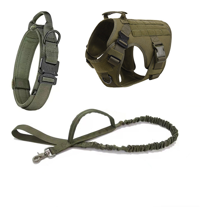 olive green tactical dog collar, adjustable harness, and durable leash set for hiking outdoors