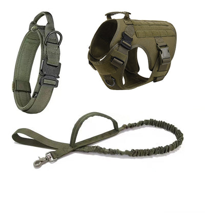 olive green tactical dog collar, adjustable harness, and durable leash set for hiking outdoors