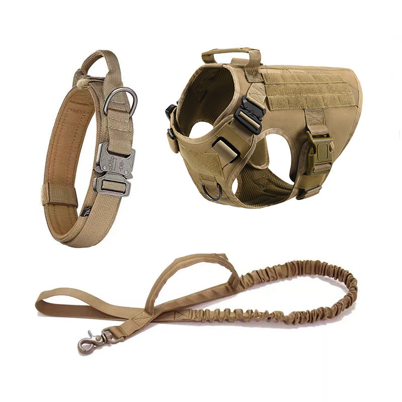 Tan tactical dog collar, durable adjustable harness with buckle and handle, and matching tan leash