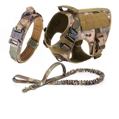 Camouflage tactical dog collar, adjustable harness, and durable leash set for outdoor hiking