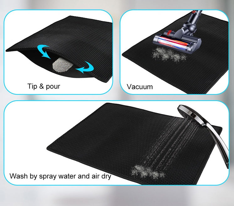 Black honeycomb cat litter mat shown being cleaned by tipping litter, vacuuming, and rinsing with water