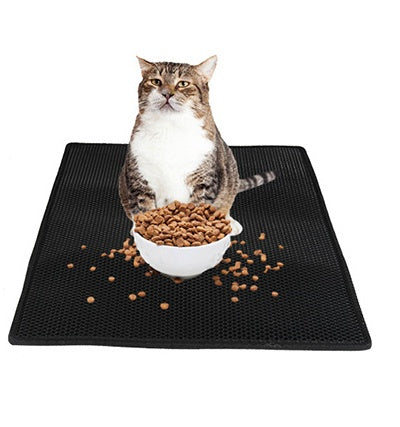 Tabby cat sitting on black honeycomb cat litter mat with white bowl of dry cat food and scattered kibbles