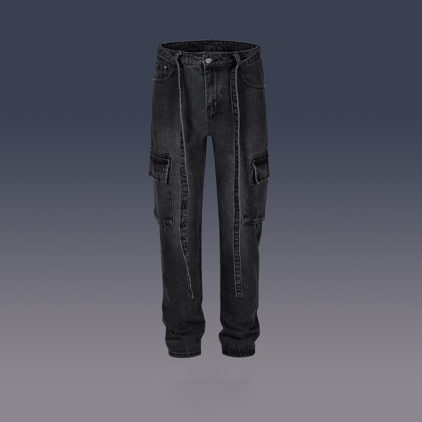 Black washed distressed men's denim cargo pants with cargo pockets and adjustable straps