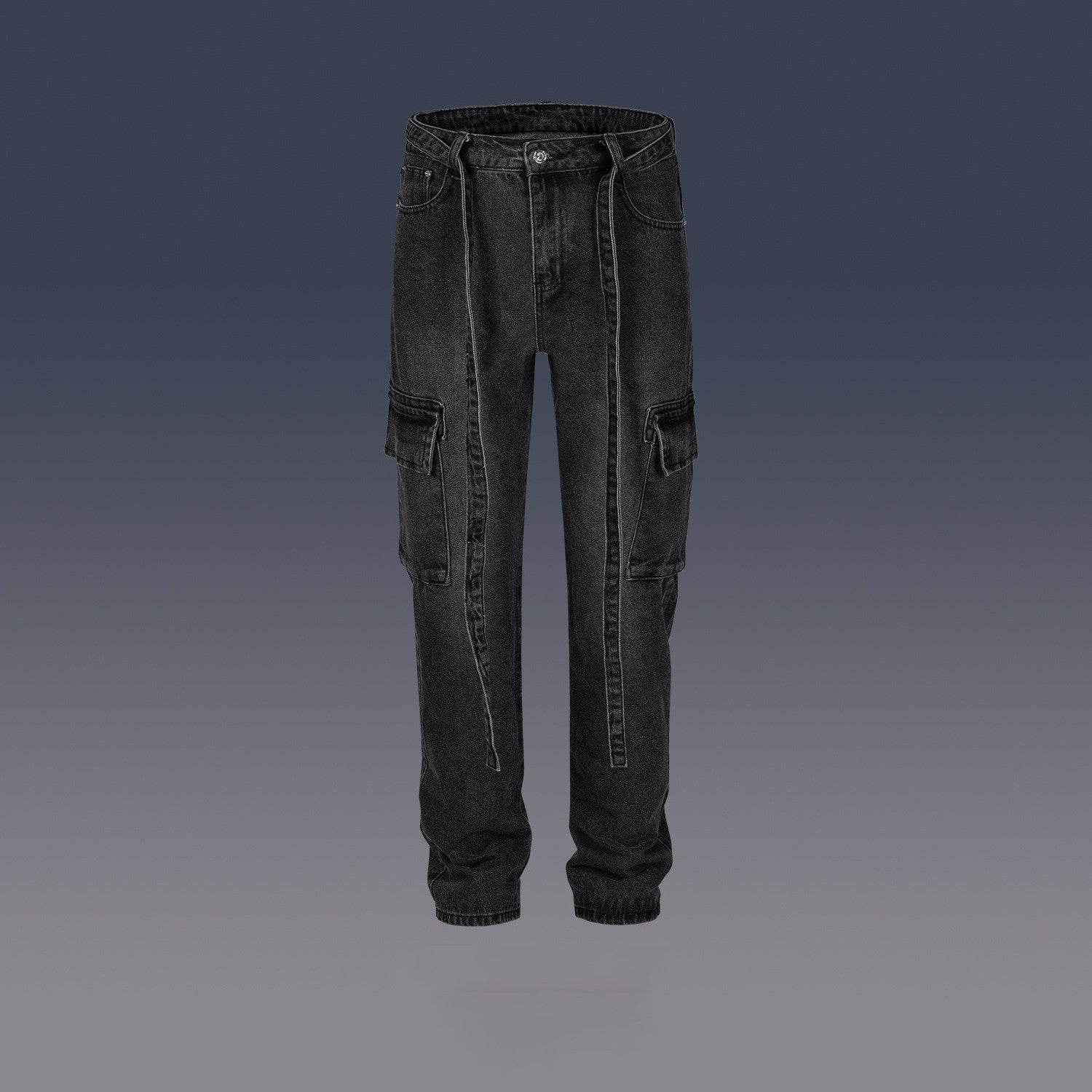 Black washed distressed men's denim cargo pants with cargo pockets and adjustable straps
