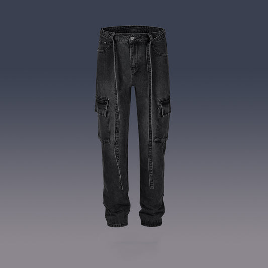Black washed distressed men's denim cargo pants with cargo pockets and adjustable straps