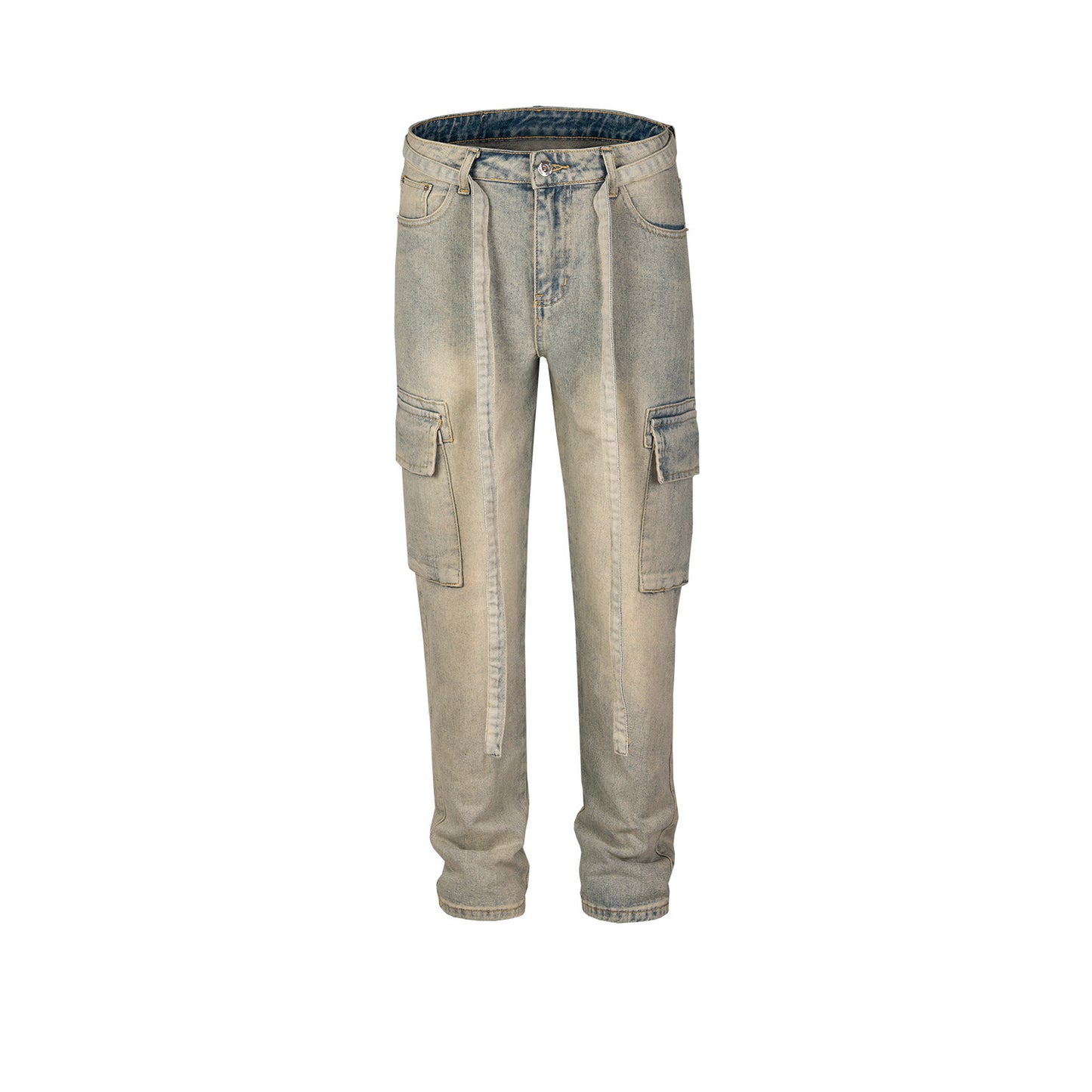 Men's washed distressed light blue denim cargo pants with straight leg and front pockets