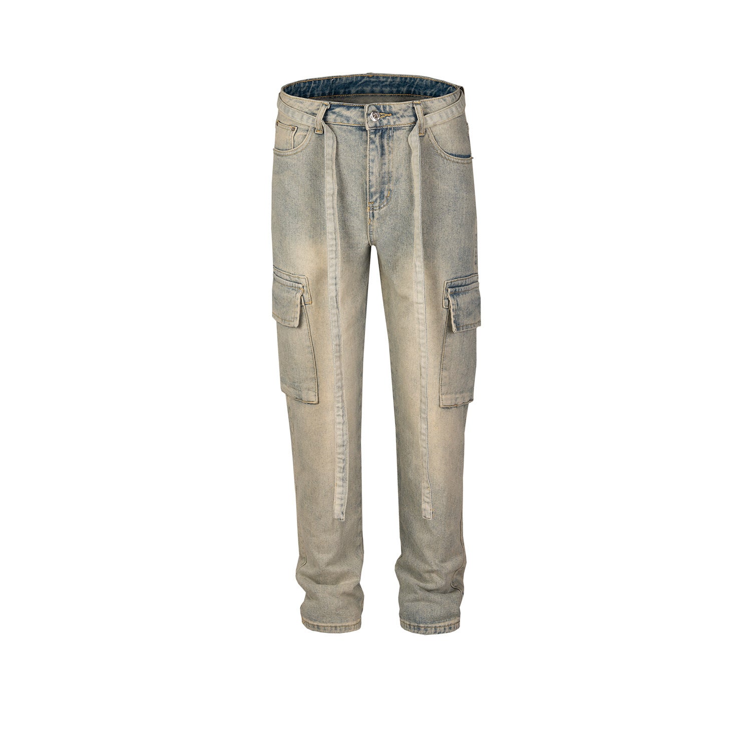 Men's washed distressed light blue denim cargo pants with straight leg and front pockets