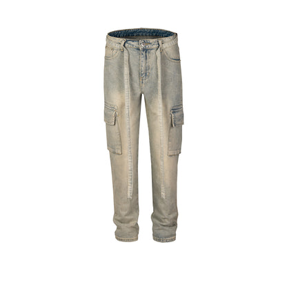 Men's washed distressed light blue denim cargo pants with straight leg and front pockets