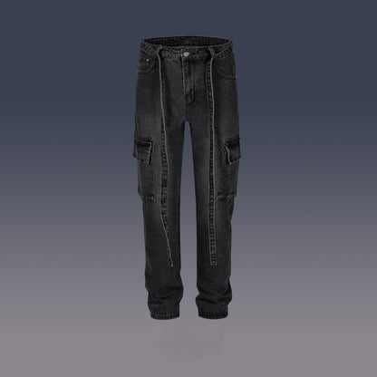 Black washed distressed men's denim cargo pants with straight leg and side pockets