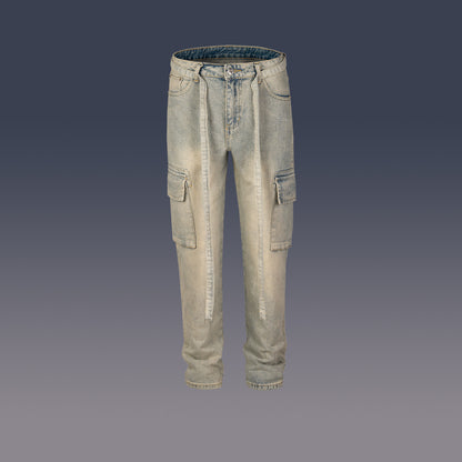 Light washed distressed denim cargo jeans for men with side pockets and belt loops