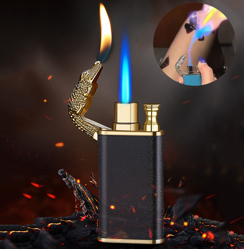 Black and gold metal crocodile lighter with double flame, one blue jet flame and one yellow flame