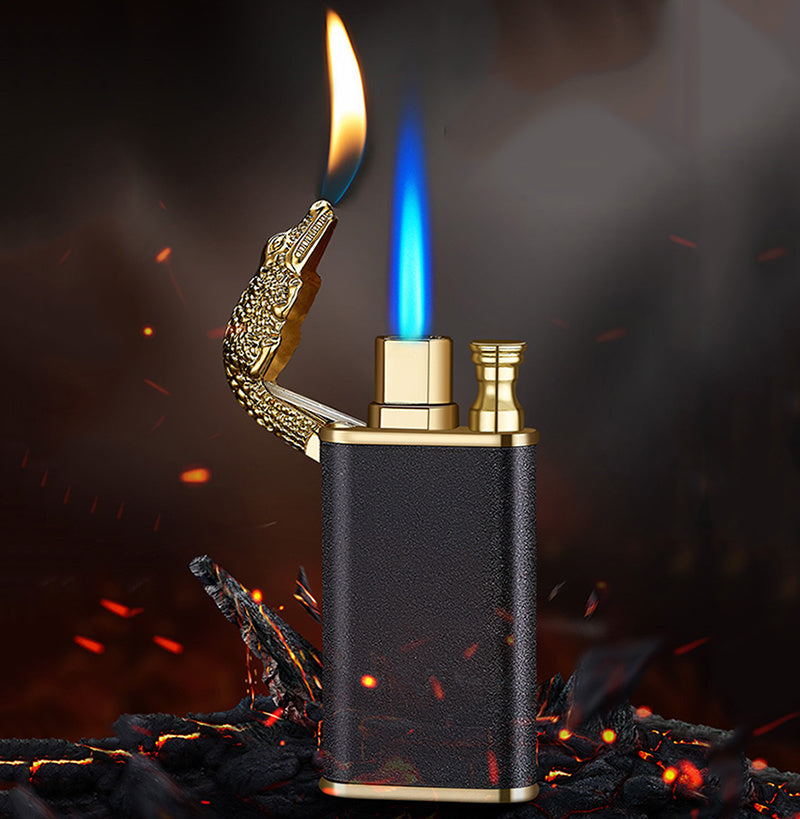 Black leather and gold double flame windproof lighter with crocodile head design and blue and orange flames