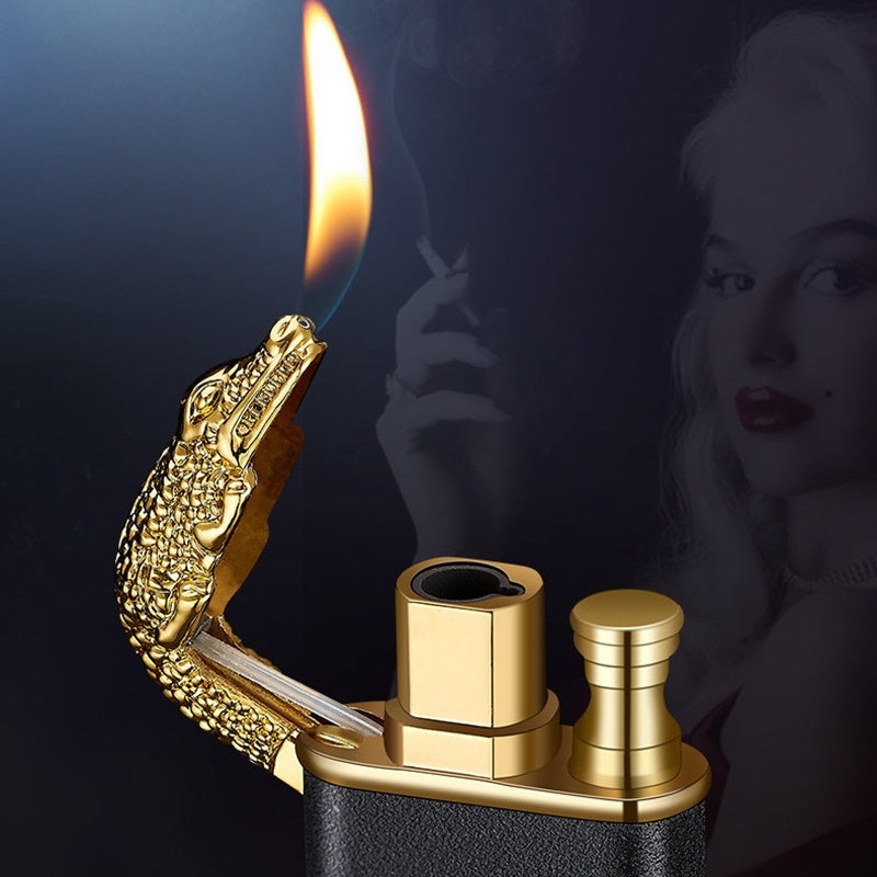 Black and gold crocodile design windproof metal cigar lighter with flame and retro woman smoking in background